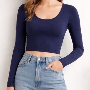 Contour‎ by PacSun Navy Blue Long Sleeve Crop Top Scoop Neck Stretch Women's M